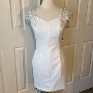 Calvin Klein White Cocktail Dress w/ Silver & Gold Studding on Shoulders, Size 6